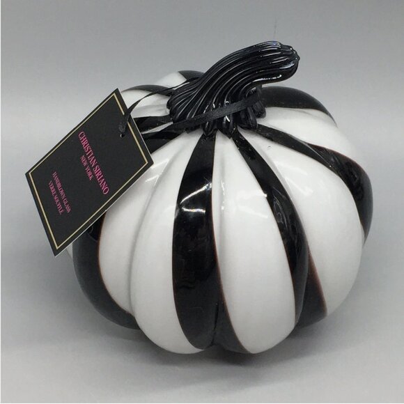 Christian Siriano Handblown Glass Pumpkin White Black Stripe Designer Fall Decor - Picture 1 of 6